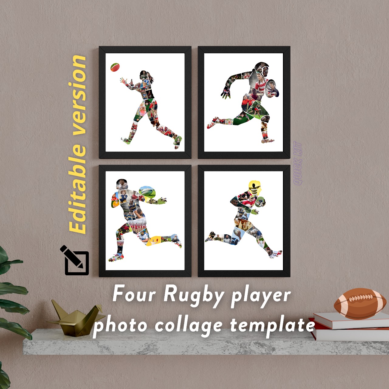 Rugby player photo collage frame template, for gentleman and lady, editable & printable, Rugby player gift, sports player gift, coach gift.